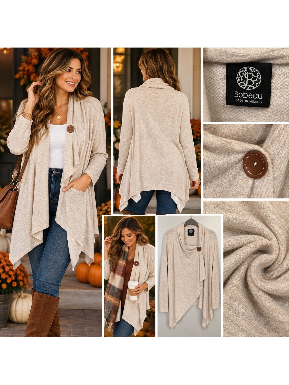 Bobeau Oatmeal Asymmetrical Drape Cardigan